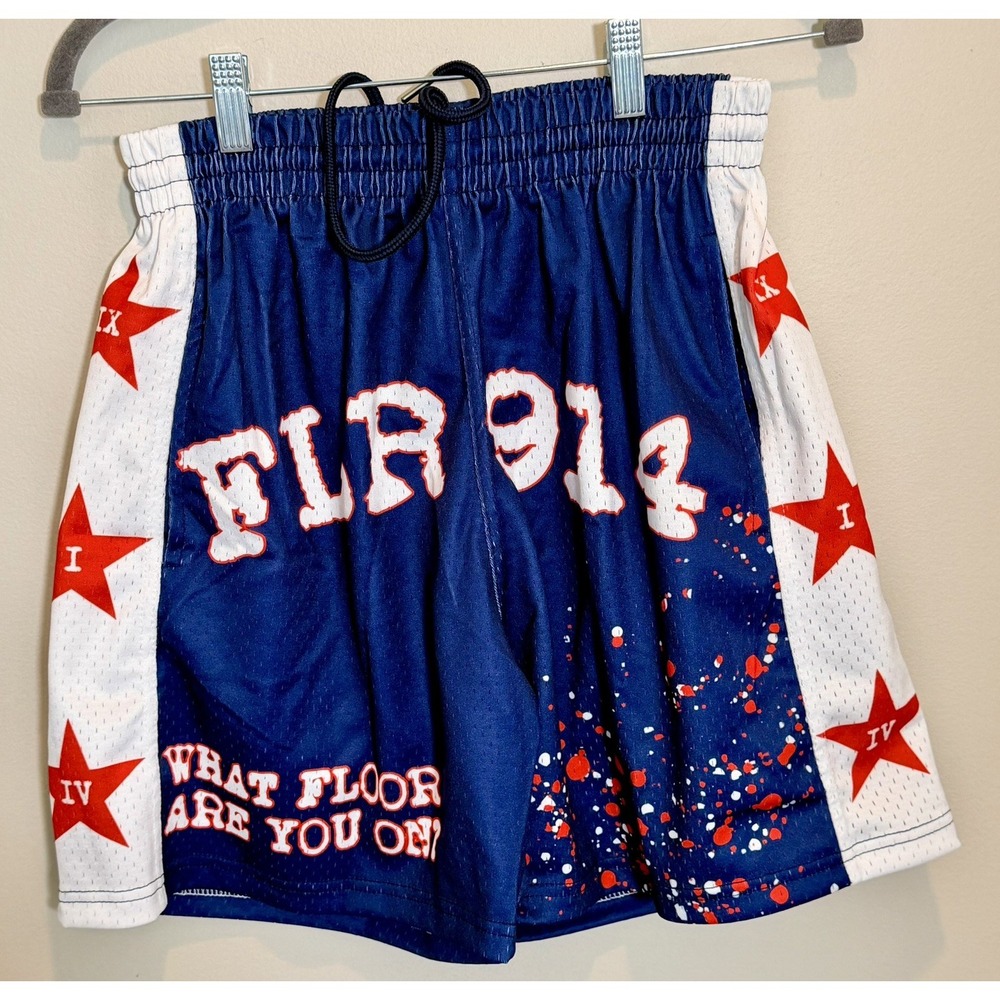 FLR914 Mesh Shorts Mens Navy Size L Paint Splatter What Floor Are You On Graphic